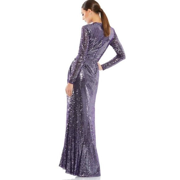 NEW MAC DUGGAL SEQUINED HIGH NECK LONG SLEEVED DRAPE GOWN PURPLE SZ 8 10824 - Picture 3 of 10